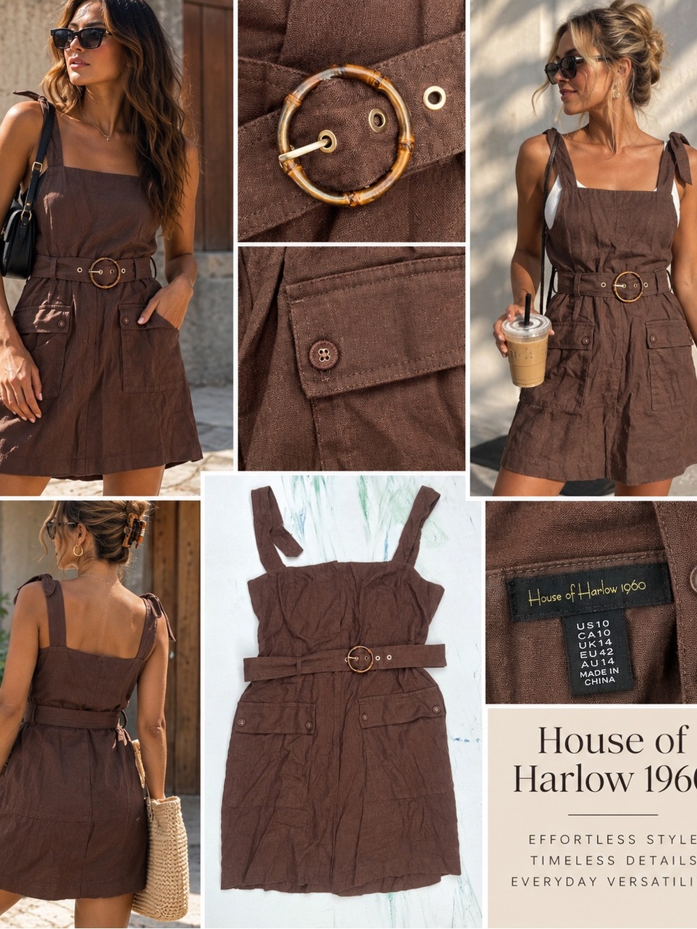 House of Harlow 1960 Brown Tie-Shoulder Linen Romper with Belt sz 10
